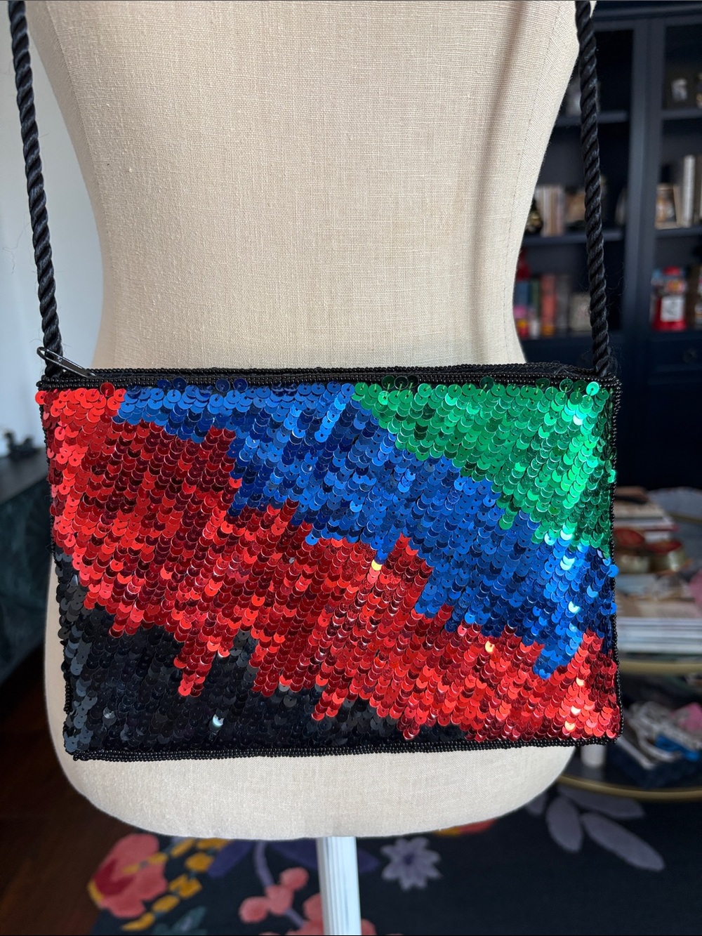 Vintage La Regale Sequin Convertible Crossbody Bag in Red, Blue & Green